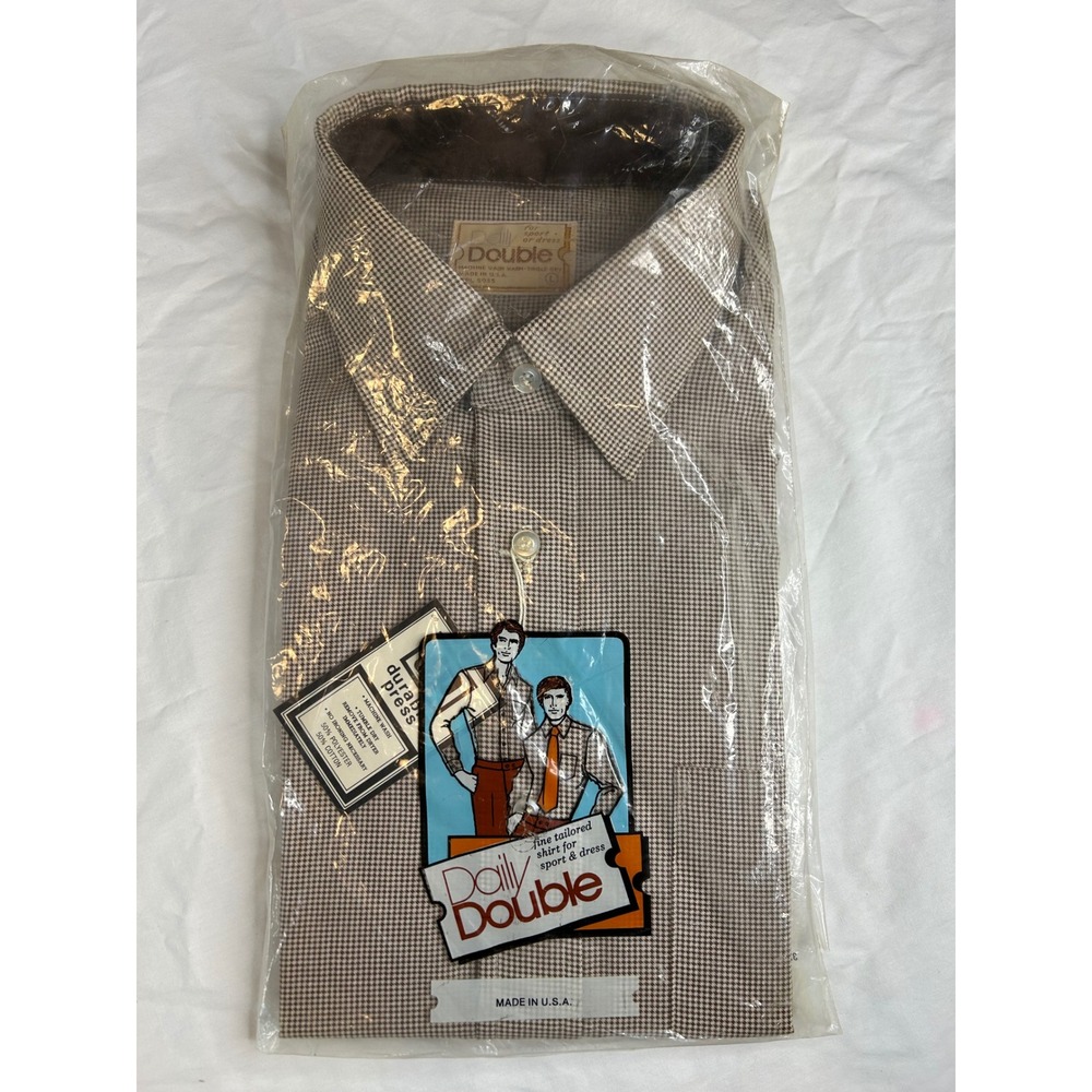 Daily Double Mens Dress Shirt Brown‎ Checkered Fine Tailored Sport L